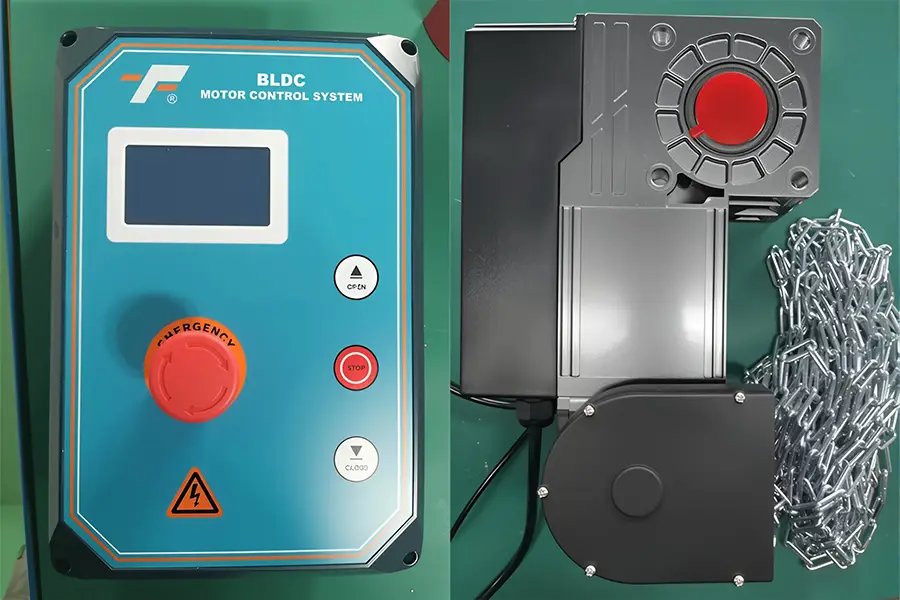 High-performance BLDC motor control system and manual override chain for industrial sectional doors.