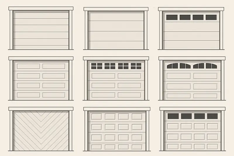 Various garage door panel designs and window configurations