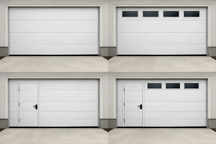 Customized sectional garage door configurations with windows and integrated pedestrian wicket doors.