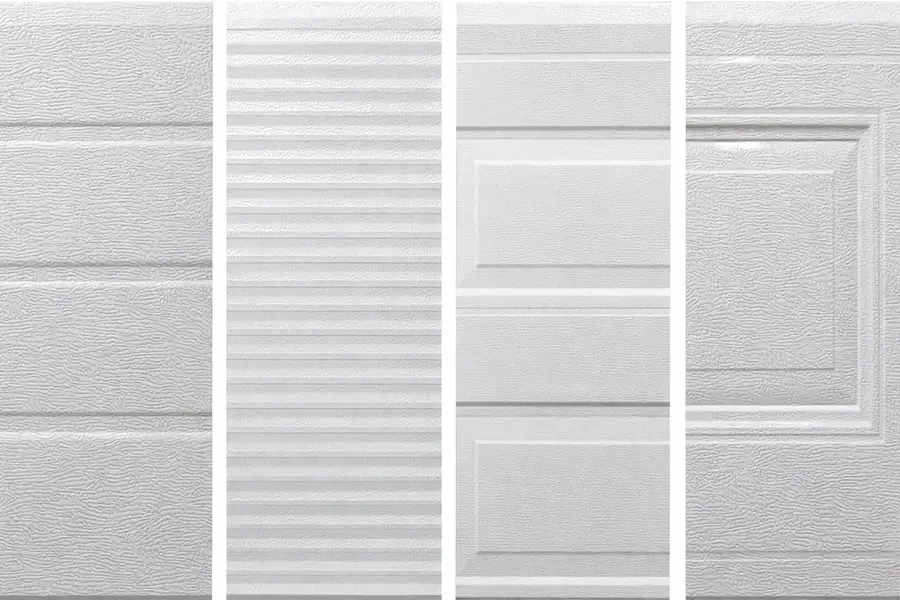 Various surface texture patterns for sectional garage doors: woodgrain, ribbed, and flush designs.